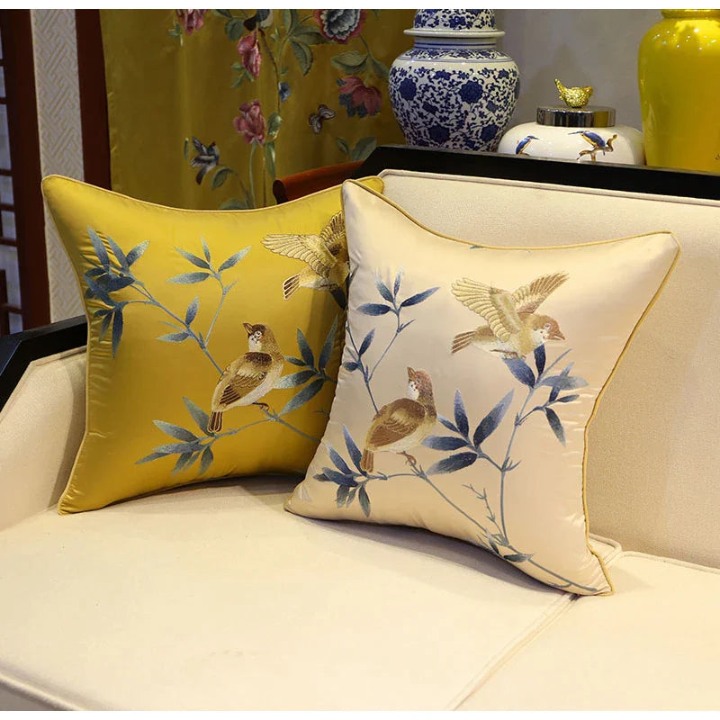 Afralia™ Birds Branches Embroidered Pillow Covers - Chinoiserie Style Chic Interiors