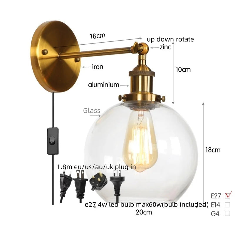 Afralia™ Glass Globe LED Wall Sconce Modern Industrial Rustic Vintage Bedside Lamp