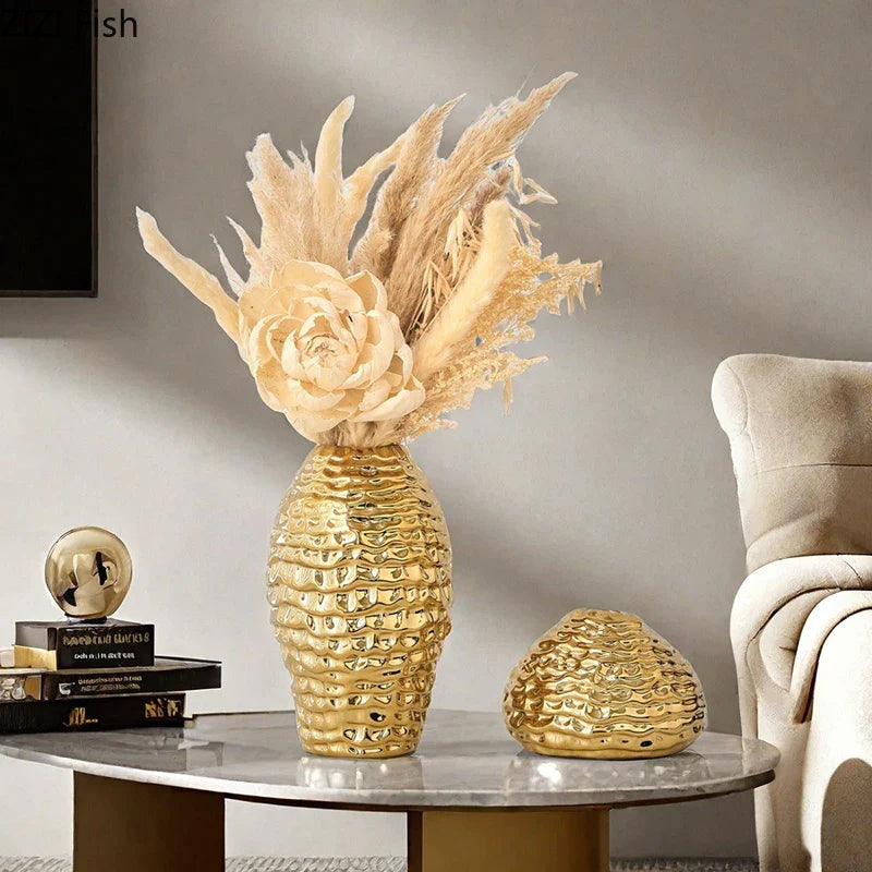 Afralia™ Golden Wrinkle Ceramic Vase - Desk Decoration, Gold-plated Floral Pots for Aesthetic Room Decor