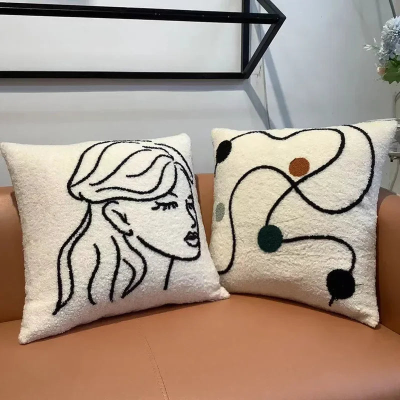 Afralia™ Lambswool Face Embroidered Cushion Cover 45x45 - Beige White Abstract Art Pillowcase