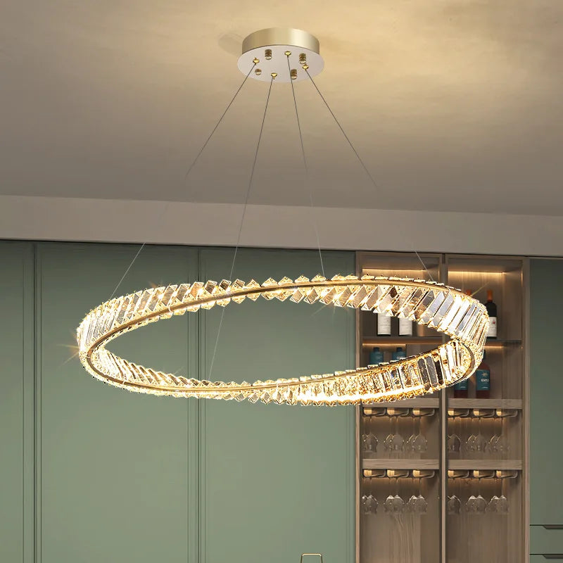 Afralia™ Gold Plated Steel Ring Pendant Lamp with Dimmable LED Lights and K9 Crystals