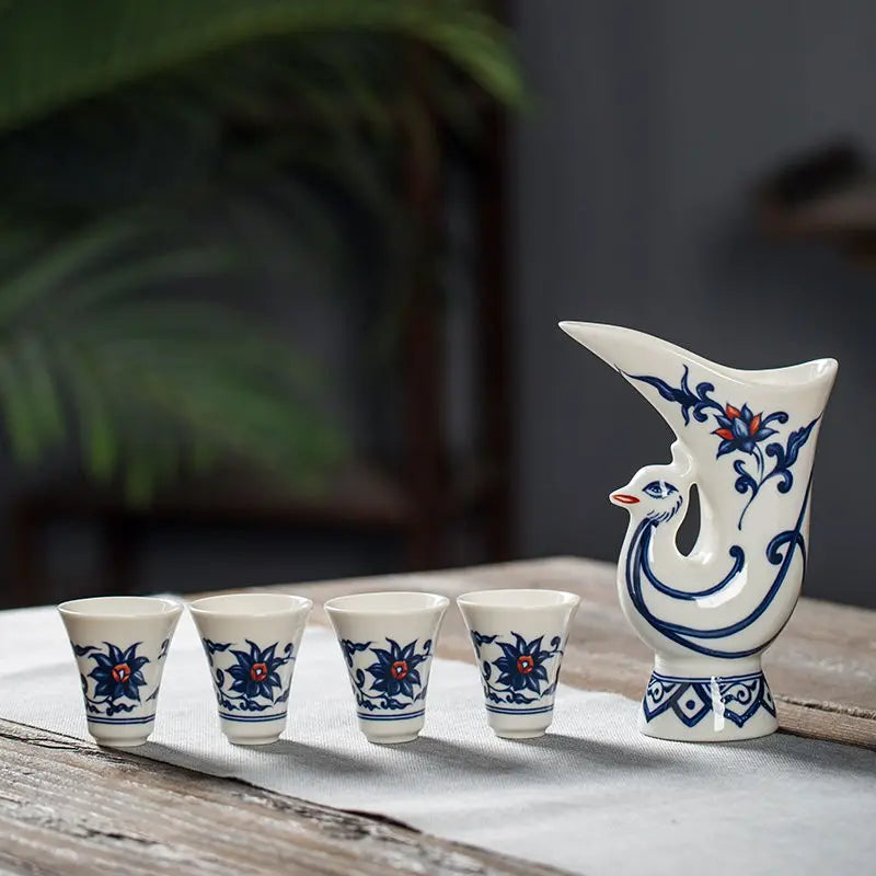 Afralia™ Vintage Ceramic Wine Pot Set, Blue and White, 3 Jin, Gift Box