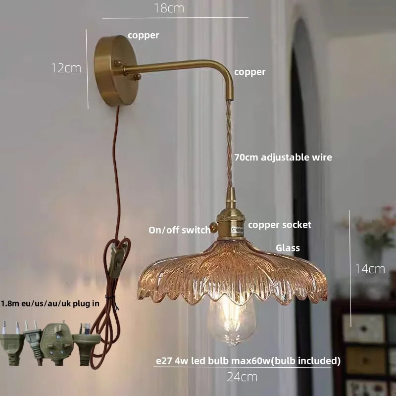 Afralia™ Amber Vintage LED Wall Light Glass Copper Pull Chain Switch Hallway Lamp