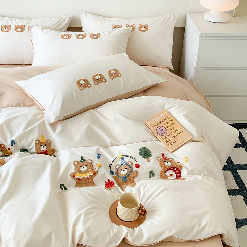Afralia™ Cute Bear Embroidery Bedding Set with Duvet Cover, Sheet and Pillowcases