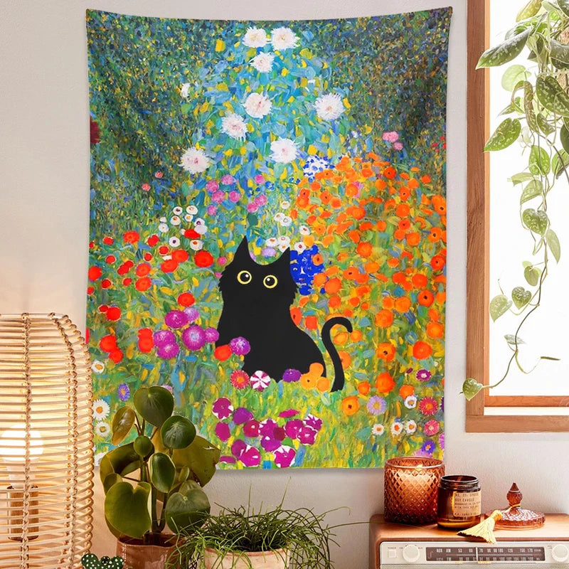 Afralia™ Garden Cat Tapestry Wall Hanging - Psychedelic Bohemia Room Art Home Decor