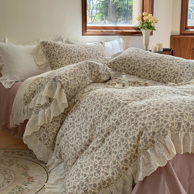 Afralia™ Elegant Floral Lace Ruffles Bedding Set with Double Yarn - Soft Cotton Blend