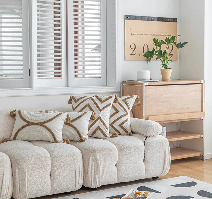 Afralia™ Geometric Cotton Embroidered Pillow Case with Tufted Fringe, Decorative Sofa Cushion Cover