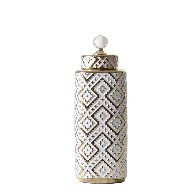 Afralia™ Geometric Golden Relief Decorative Jar - Ceramic Crystal Vase Storage Jar