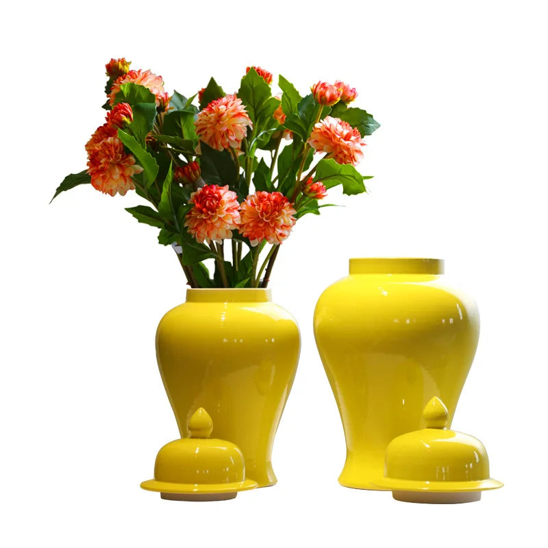 Afralia™ Yellow Ceramic Ginger Jar Vase: Chinese Decor for Home Decoration & Storage