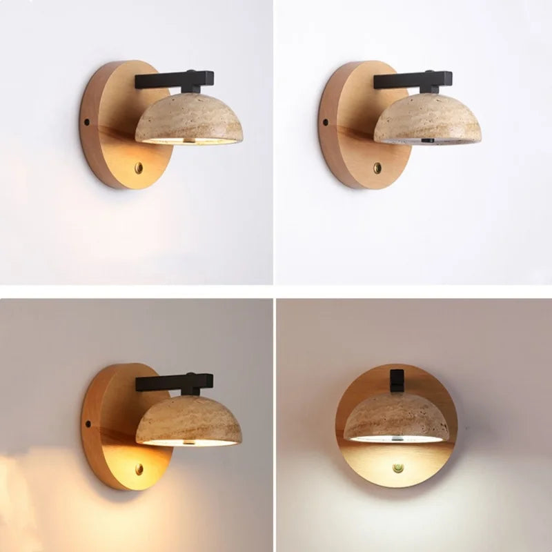 Afralia™ Black Iron LED Wall Light Fixture Coffee Nordic Wood Switch Bedside Lamp