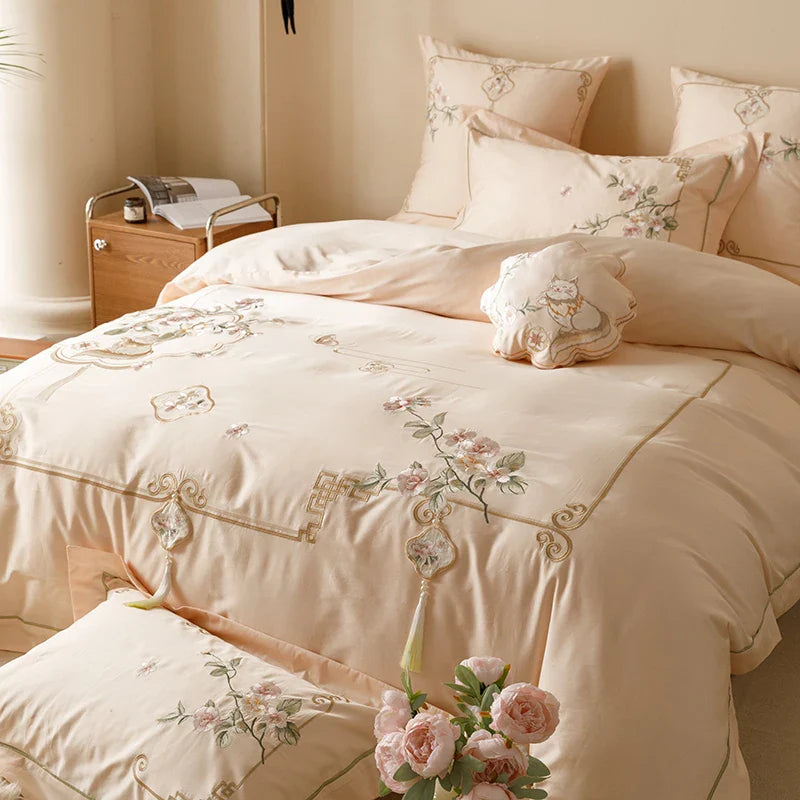 Afralia™ Luxe Flowers Embroidery 1000TC Egyptian Cotton Bedding Set with 2 Pillowcases