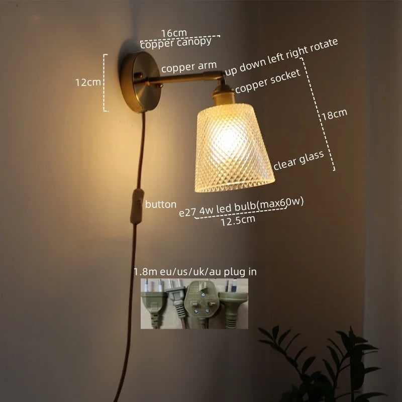 Afralia™ Vintage LED Wall Light Glass Copper Applique Da Parete