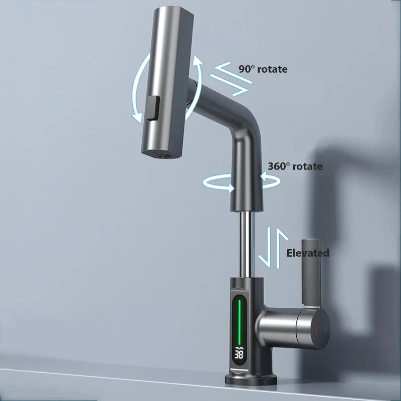 Afralia™ Digital Display Waterfall Basin Faucet with Temperature Control and Lift Sprayer