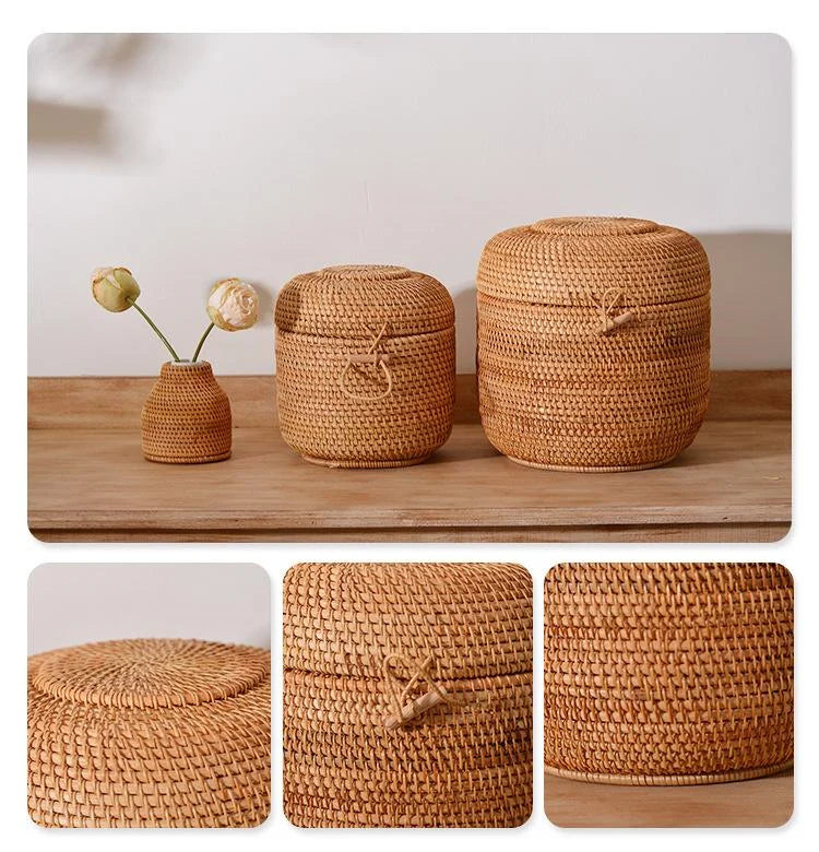 Afralia™ Rattan Tea Storage Box Puer Green Tea Caddy Snack Canister Kongfu Teaset