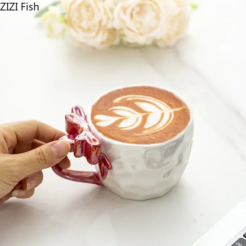 Afralia™ Bowknot Handle Porcelain Coffee Mug Set - Pearl Glazed Tea Cup Juice Cup
