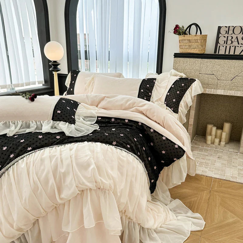 Afralia™ Princess Velvet Fleece Bedding Set with Romantic Ruffles, Queen/King, 4Pcs