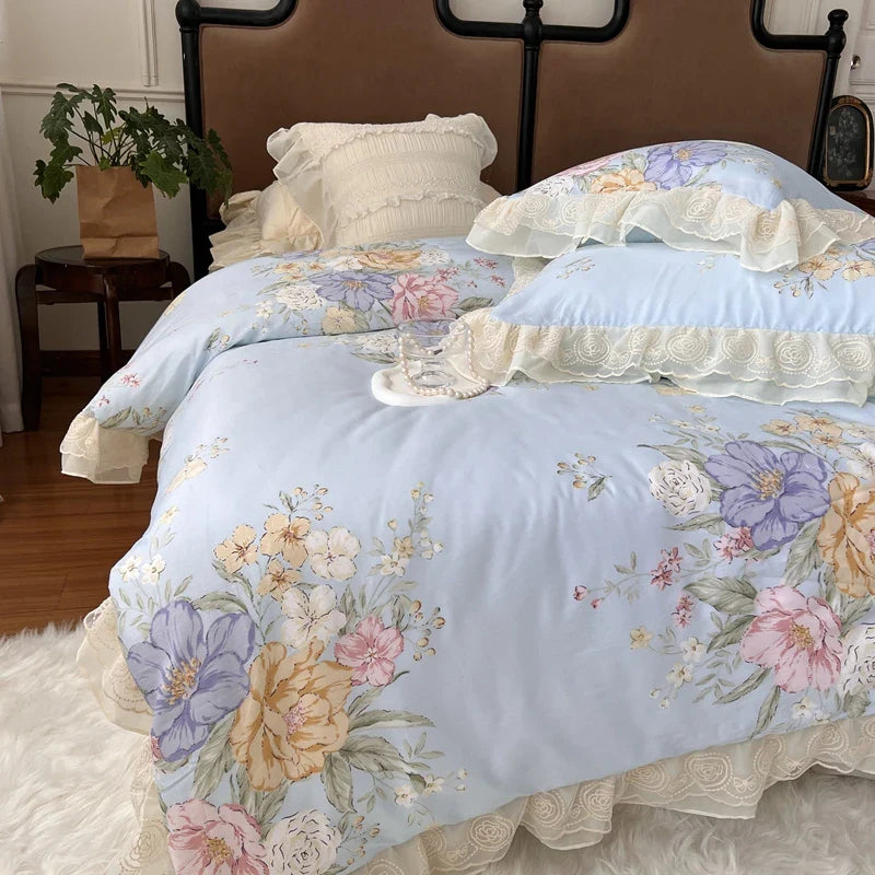 Afralia™ Vintage French Rose Flowers Double Layer Lace Ruffles Bedding Set
