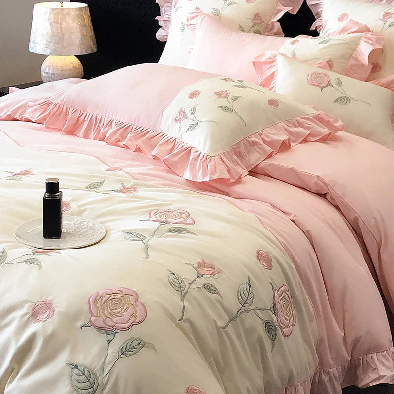 Afralia™ Vintage Pink Red Rose Flowers Embroidery Bedding Set with Ruffles