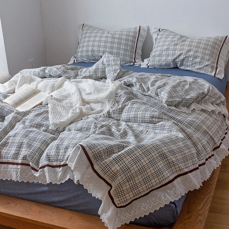 Afralia™ Korean Seersucker Lace Ruffles Bedding Set for Girls