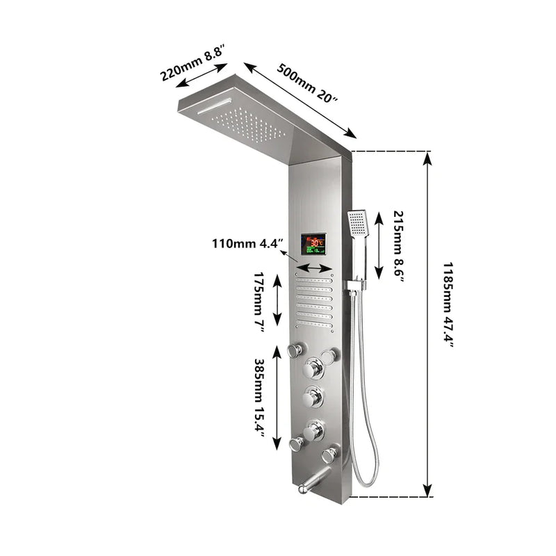 Afralia™ Dark Grey LED Shower Panel Column with Rainfall Waterfall Spa Jets