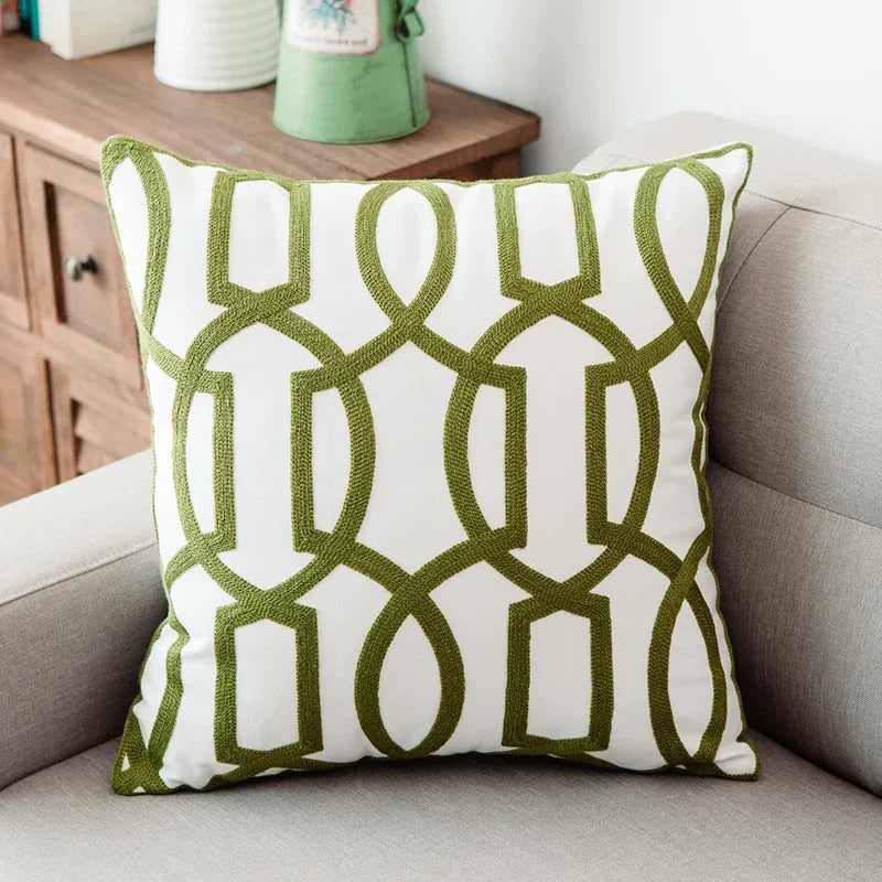 Afralia™ Green Geometric Canvas Cotton Embroidered Cushion Cover 45x45cm