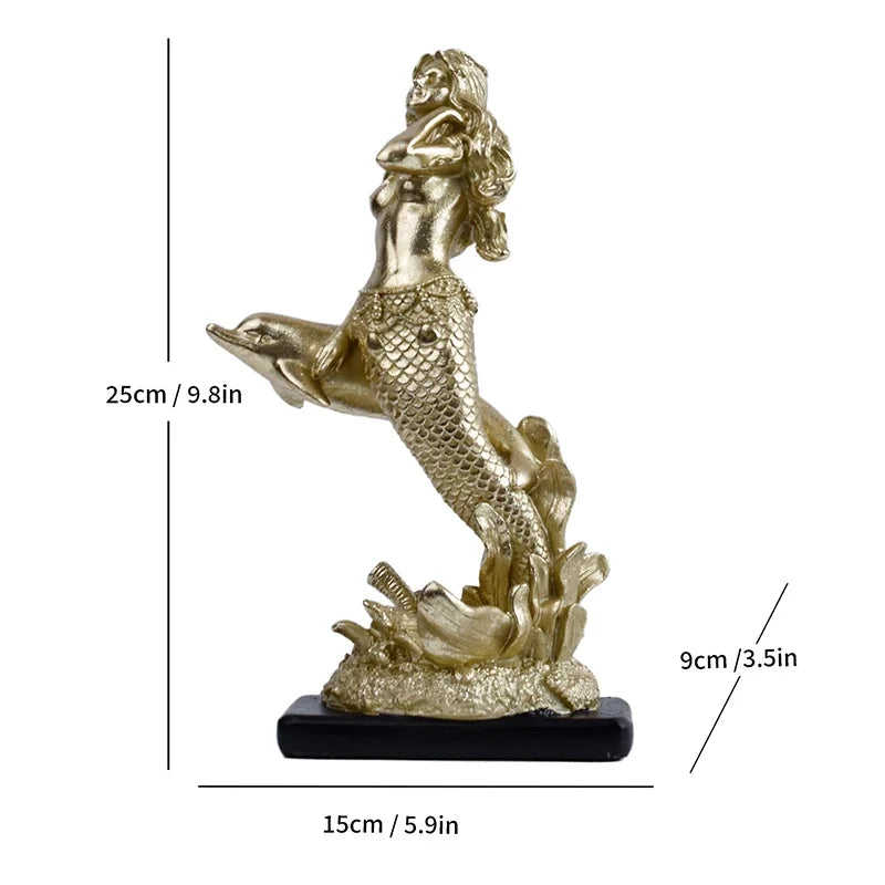 Afralia™ Gold-plated Mermaid Statue Resin Sculpture Room Decor Marine Organism Ornament