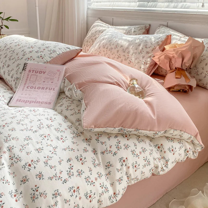 Afralia™ Cartoon Heart Floral Print Duvet Set with Bed Sheet & Pillowcases