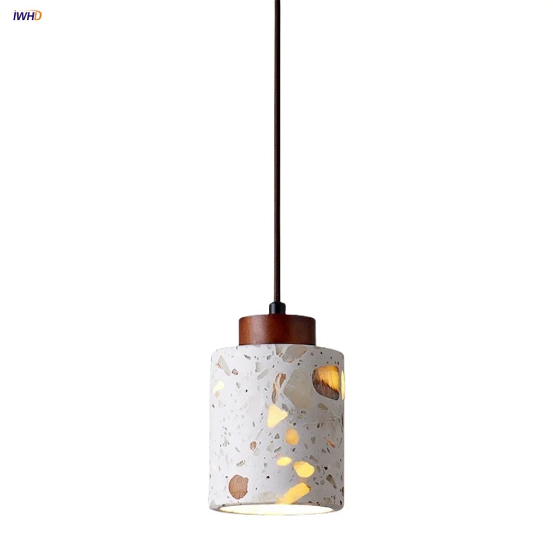 Afralia™ Terrazzo Brown Wood LED Pendant Light Fixture Stone Hanging Lamp