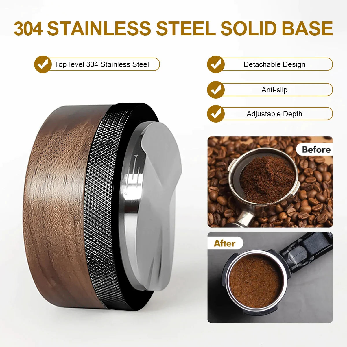 Afralia™ Espresso Distribution Tool & Tamper - Adjustable Depth, Wooden, 51/53/58mm Sizes