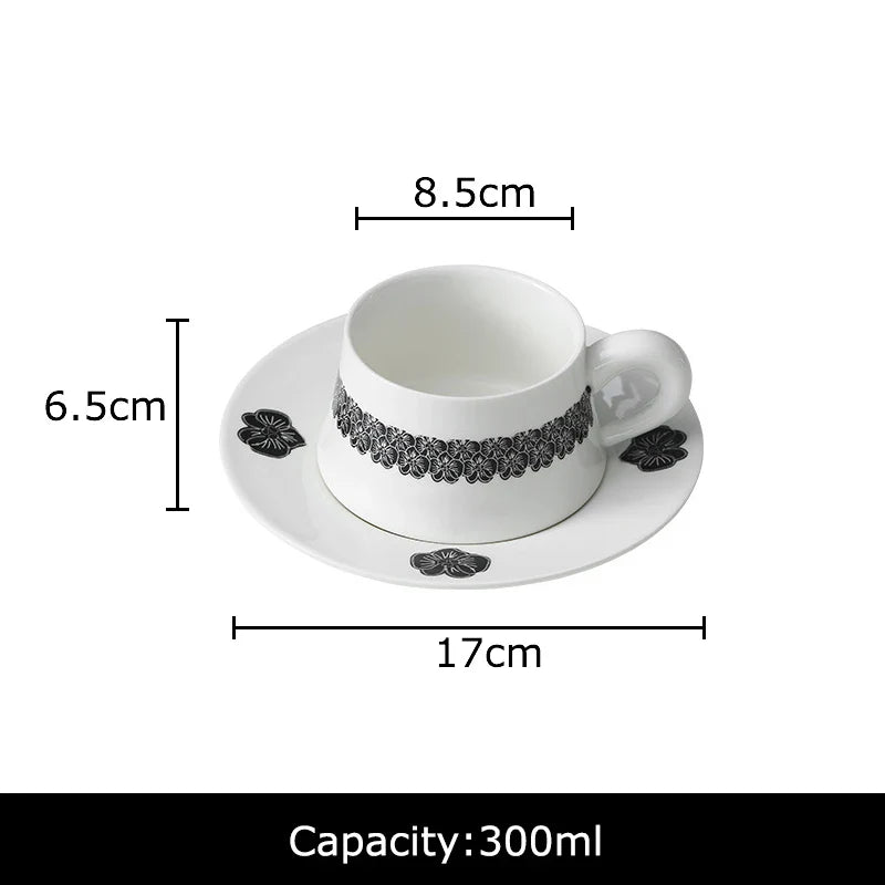 Afralia™ Black Flower Porcelain Cup & Saucer Set, Elegant Coffee Mug for Dining & Afternoon Tea