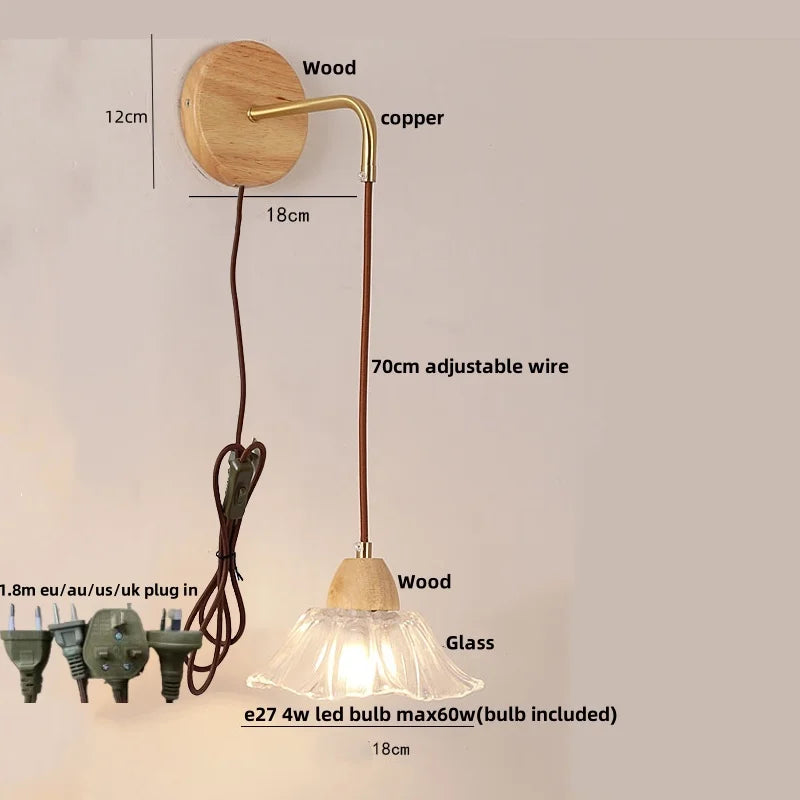 Afralia™ Wood Glass LED Wall Light with Pull Chain Switch