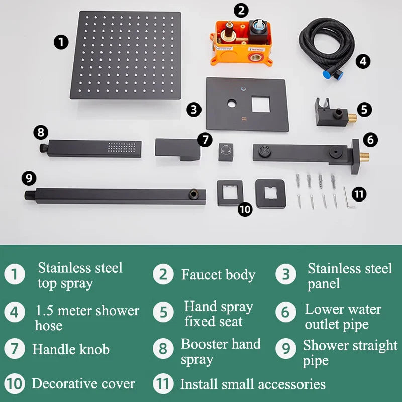 Afralia™ Black Wall Mounted Shower System with Handshower - 12/16 Inch Rainwater Faucet