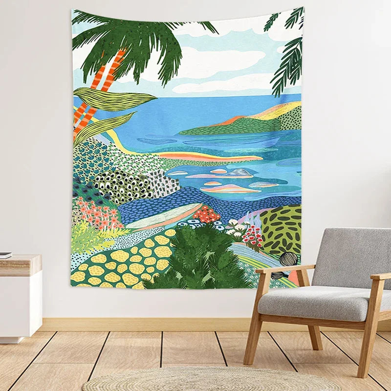 Nordic Landscape Tapestry - Afralia™ Pastoral Illustration Bedside Wall Hanging for Bedroom Décor