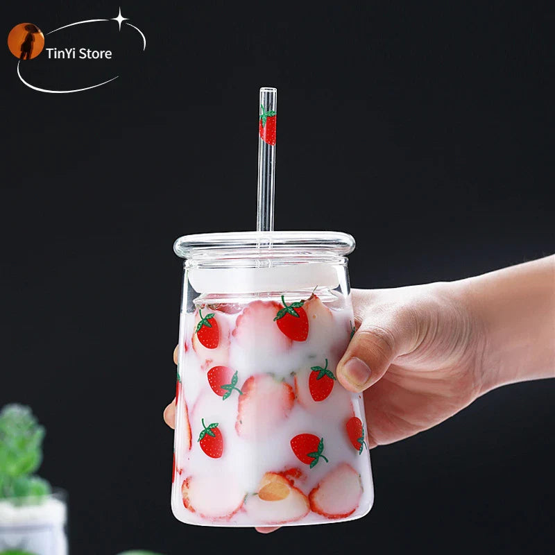 Afralia™ Glass Cup Set with Lip Straws for Cold Drinks, Handmade, 600ml Strawberry Flavor