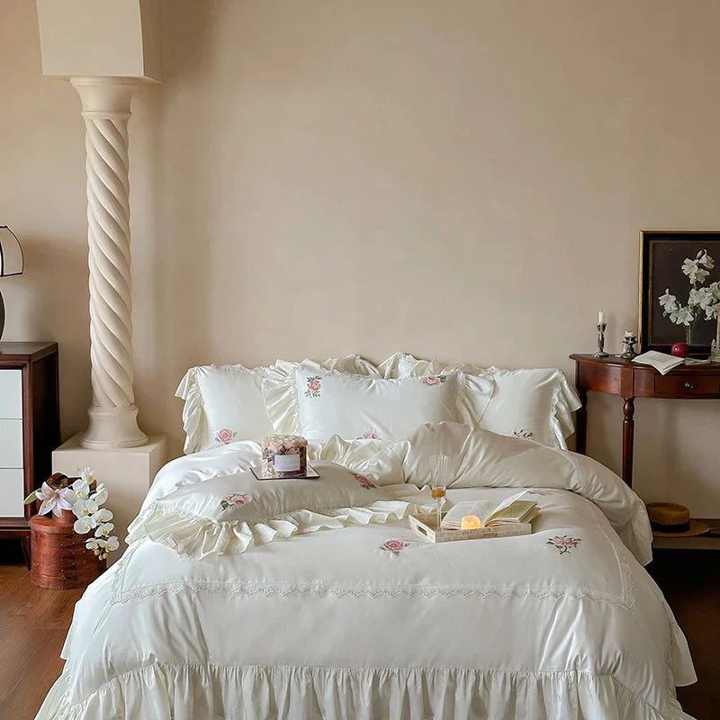 Afralia™ Vintage Lace Ruffles Embroidery Bedding Set with 1000TC Egyptian Cotton