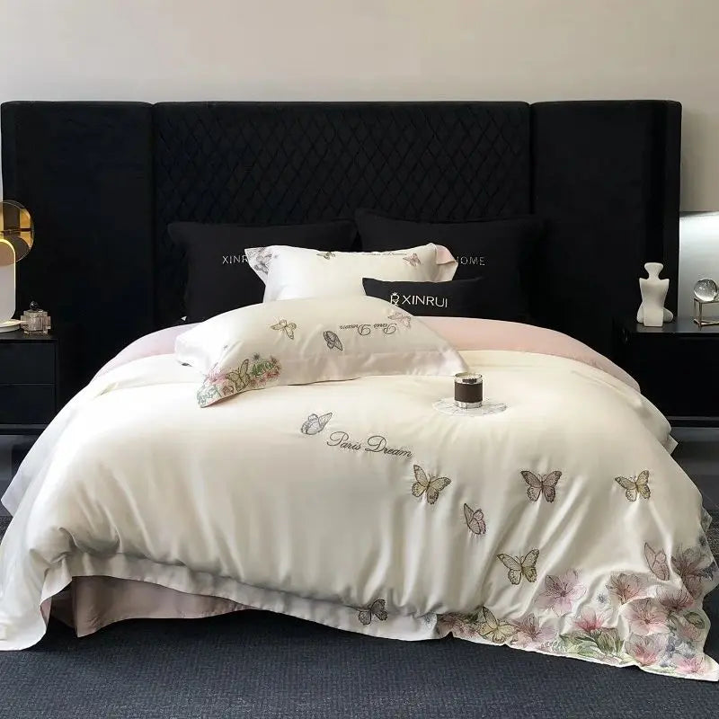 Afralia™ Butterfly Flowers Embroidery Bedding Set: Silky Soft Eucalyptus Fiber Duvet Cover
