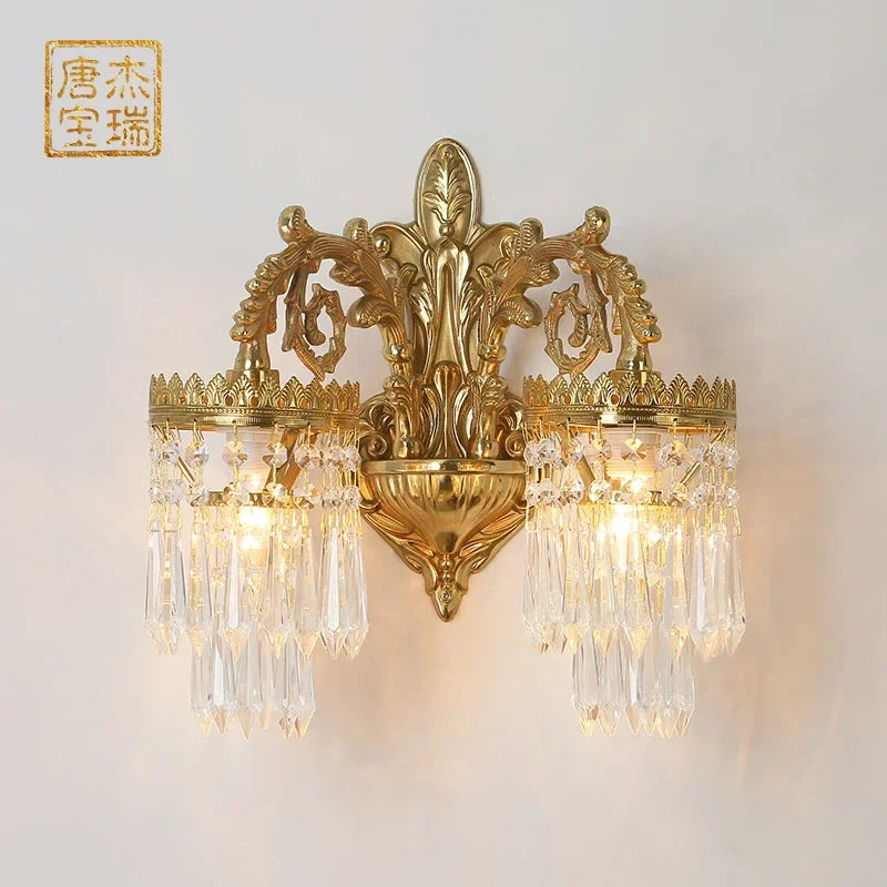 Afralia™ Copper Crystal Double Head Wall Sconce - Vintage Gold Retro Style Wall Lamp for Home