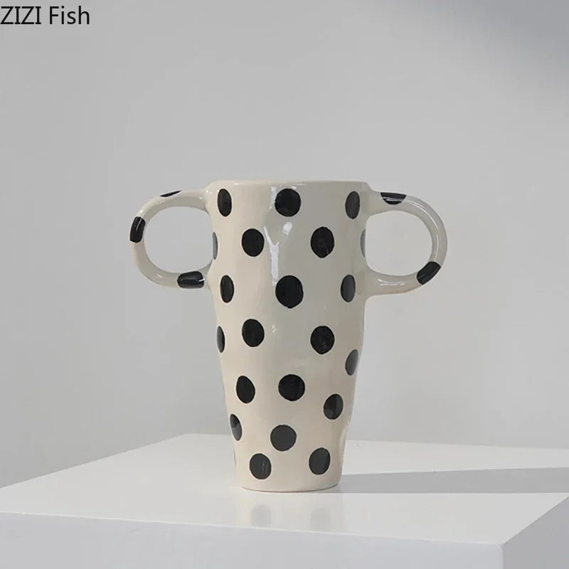 Afralia™ Black Polka Dot Ceramic Vase for Table Flower Arrangement and Room Decor