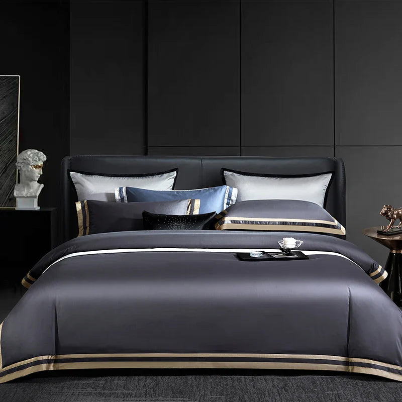 Afralia™ Luxury White Gray Hotel Style Embroidery Bedding Set, Silky Soft 1400TC Egyptian Cotton