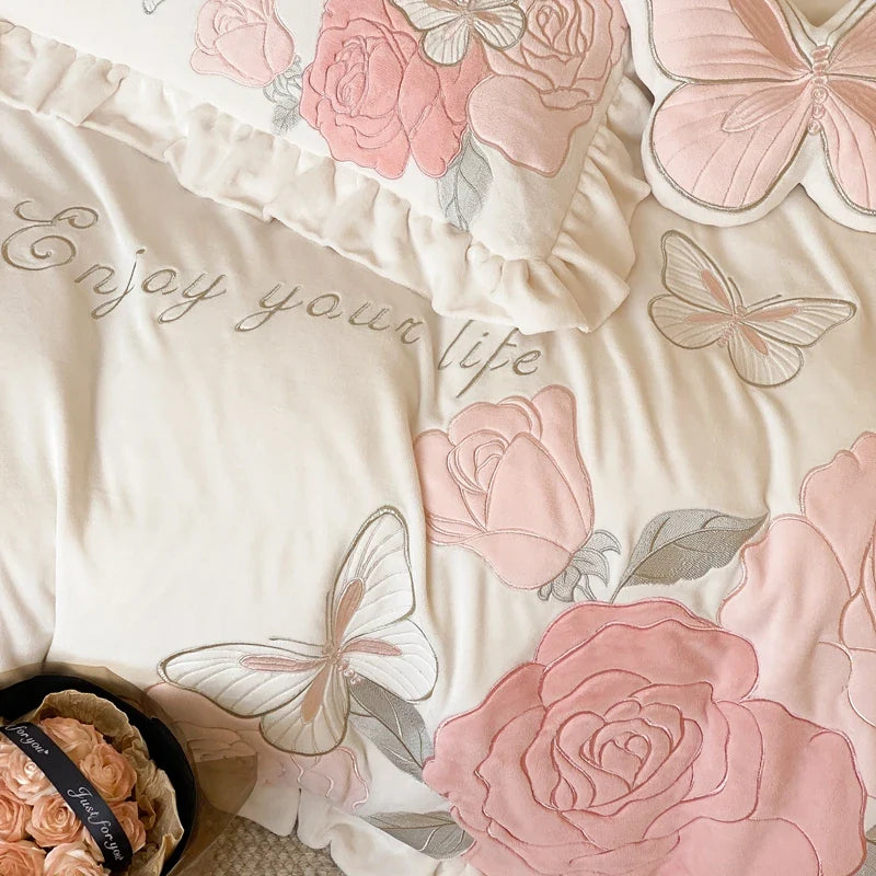 Afralia™ Lace Ruffles Princess Duvet Set, Butterfly Flowers Embroidery, Cozy Bedding with Bed Sheet & Pillowcases