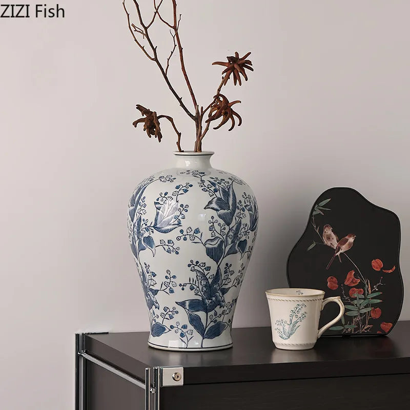 Afralia™ Blue White Porcelain Vase Plant Pots Room Decor Flowers Arrangement