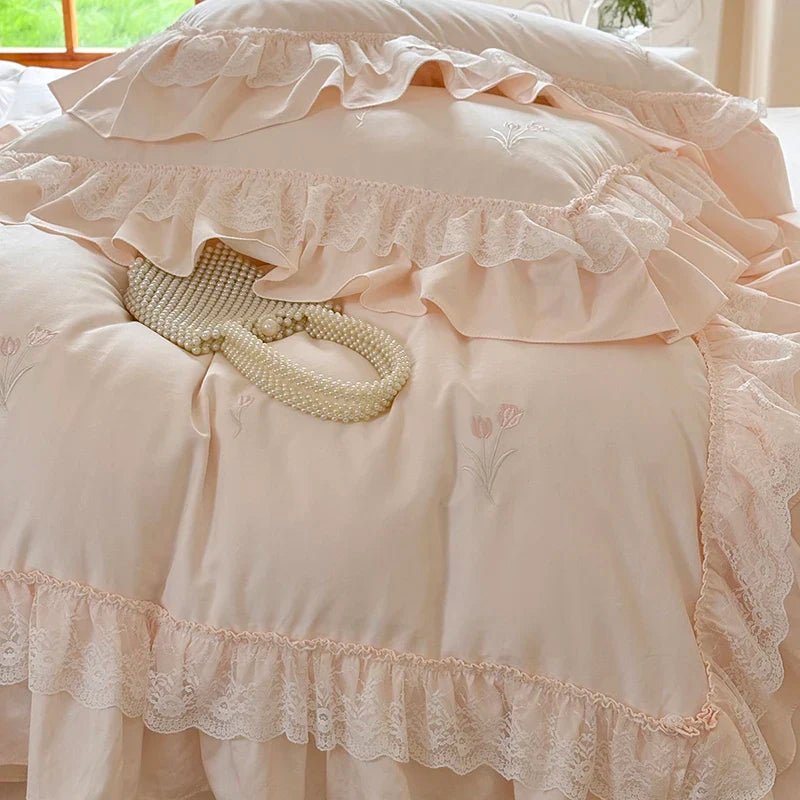 Afralia™ Pink Princess Lace Flowers 1200TC Egyptian Cotton Bedding Set