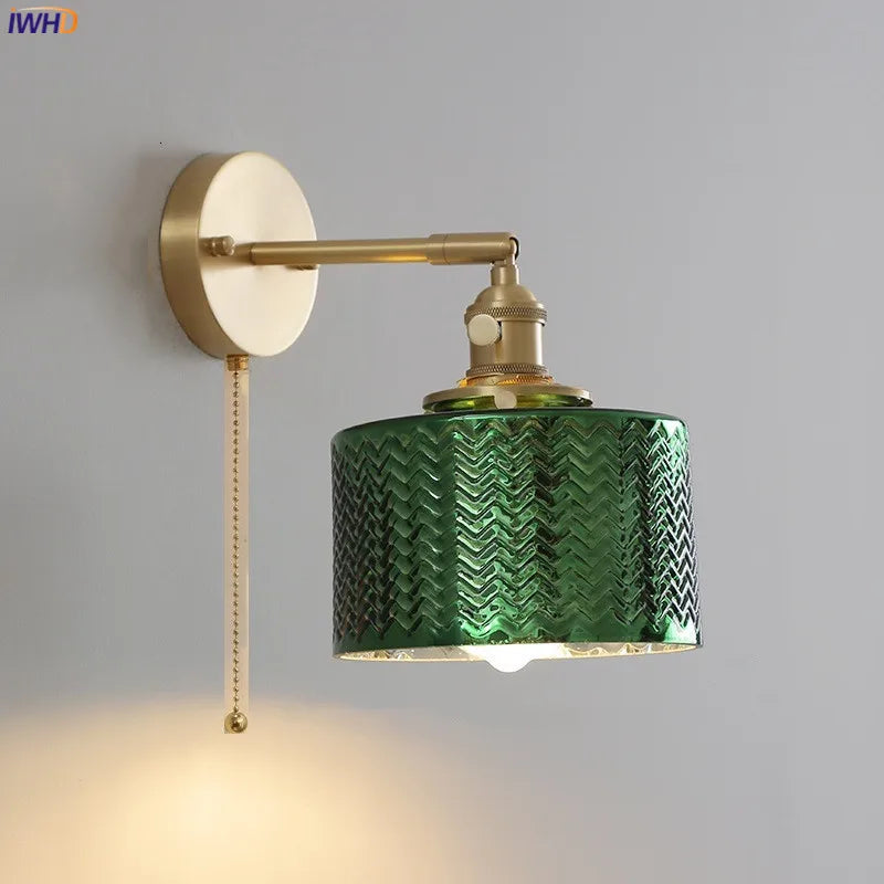 Afralia™ Green Glass LED Wall Light with Pull Chain Switch - Modern Nordic Design