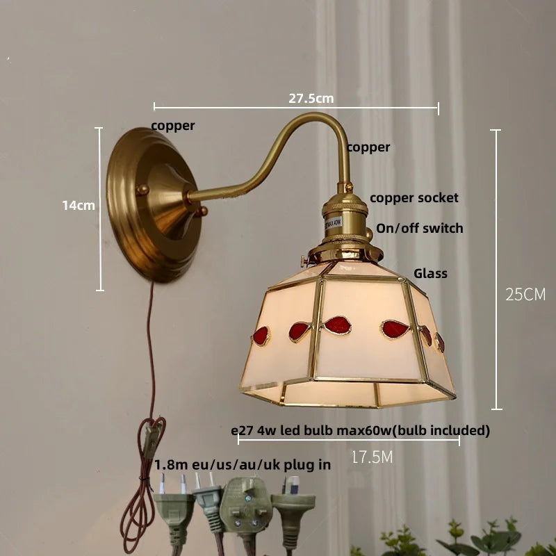 Afralia™ Green Glass LED Wall Sconce Copper Knob Switch Vintage Loft Stair Light
