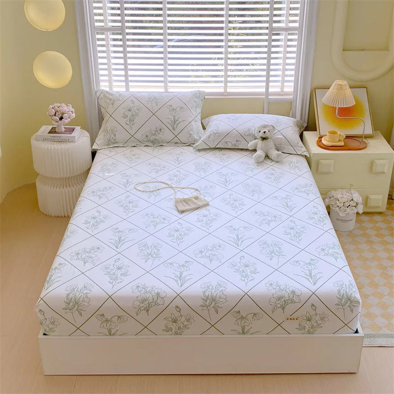 Afralia™ Cotton Striped Fitted Bed Sheet for Queen Double Mattress Cover