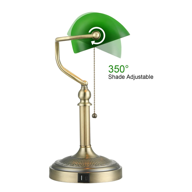 Afralia™ Green Glass Bankers Desk Lamp with USB Charging Port and Pull Chain Switch