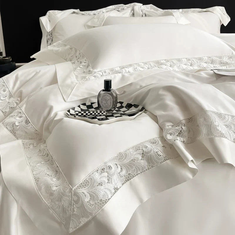 Afralia™ Lace Embroidery 1200TC Egyptian Cotton 4Pcs Bedding Set with Wide Hollow Design