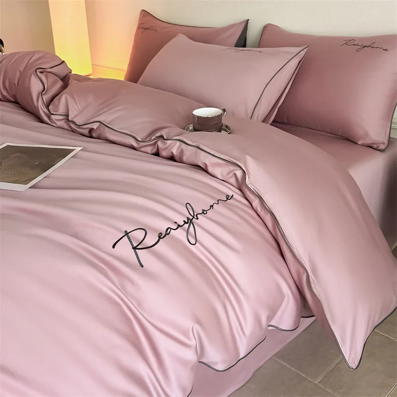 Afralia™ Pure Cotton Luxury Embroidery Bedding Set - Nordic Solid Color Duvet Bedclothes