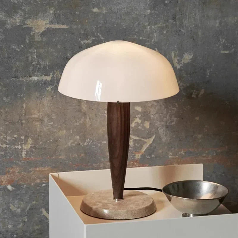 Afralia™ SHY3 Walnut Wood Desk Lamp Glass Shade Marble Base Table Light