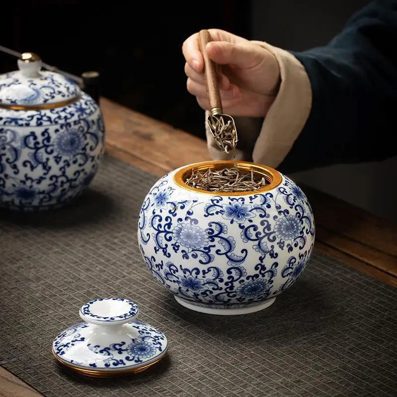 Afralia™ Blue White Porcelain Tea Canister Organizer Box Coffee Container Caddy Jar